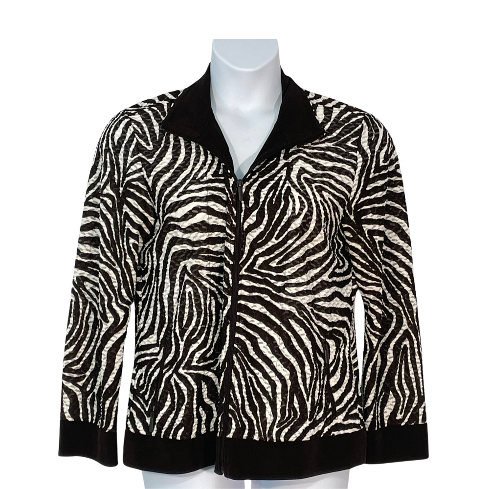 Chico's Sz 2 12-14 L Zip-Up Track Jacket Bomber Style Burnout Zebra Print Brown